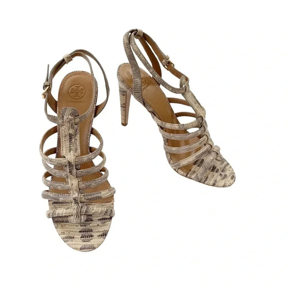 New TORY BURCH Charlene Lizard Print Sandal Heel Size 10 - Picture 2 of 11